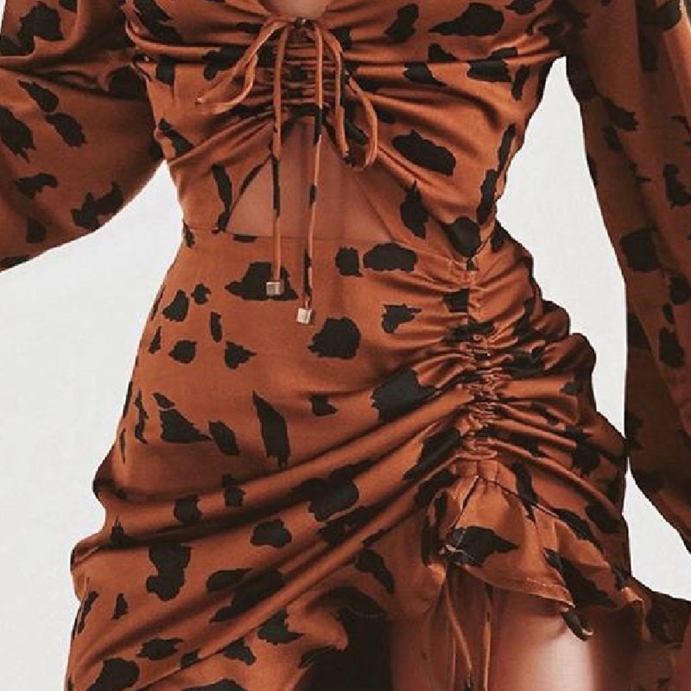 leopard Drawstring Design Ruffles Dress